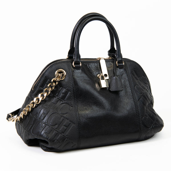 Carolina Herrera Black Leather Embossed Shoulder Bag