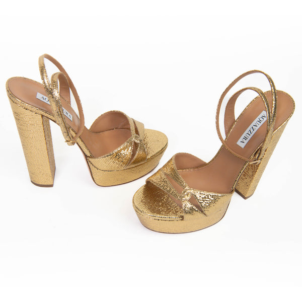 Aquazurra Metallic Gold Sinner Plateau 140 Leather Platform Sandals 40