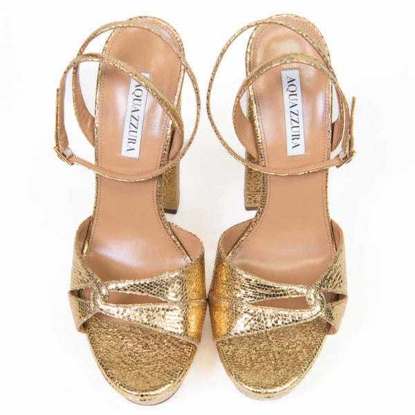 Aquazurra Metallic Gold Sinner Plateau 140 Leather Platform Sandals 40