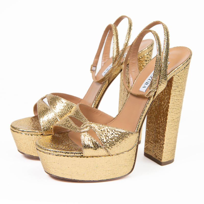 Aquazurra Metallic Gold Sinner Plateau 140 Leather Platform Sandals 40