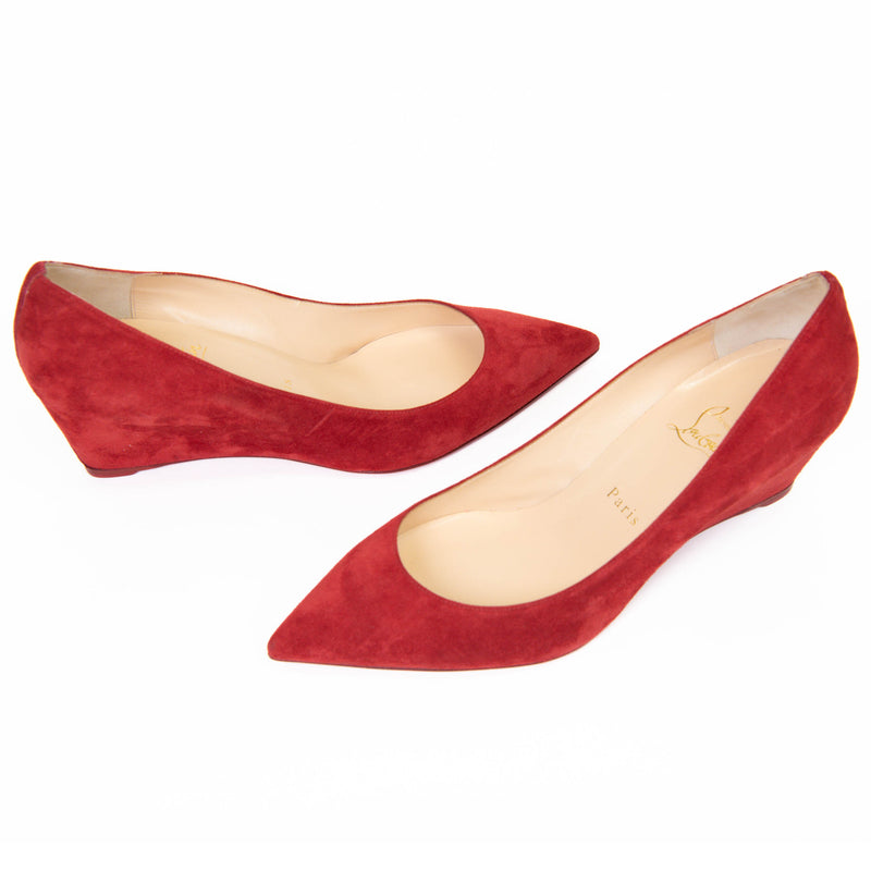 Christian Louboutin Women's Pointed Toe Red Suede Wedge Sole Pumps 40.5