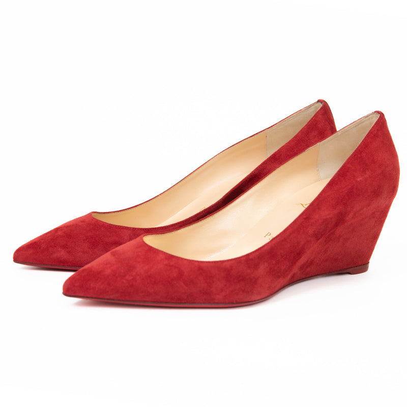 Christian Louboutin Women's Pointed Toe Red Suede Wedge Sole Pumps 40.5