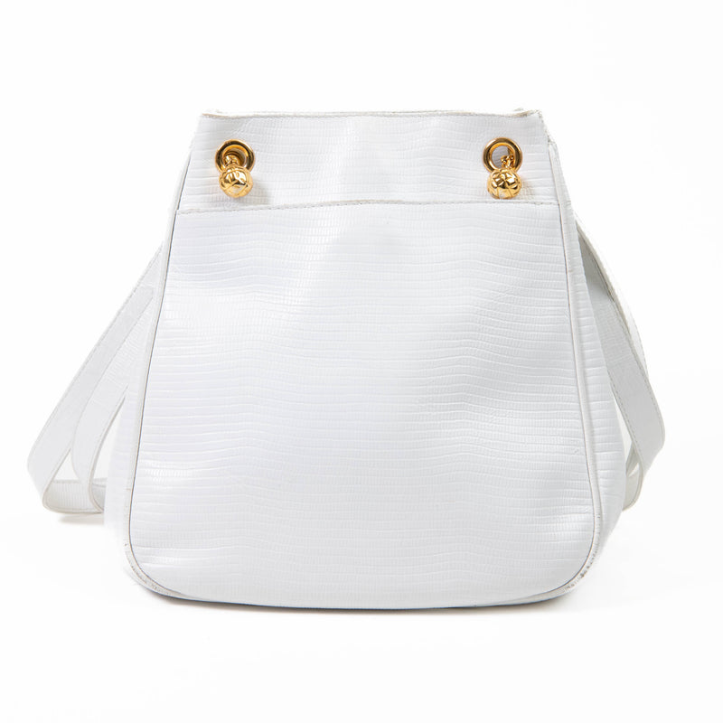 Vintage Bottega Veneta White Lizard Embossed Leather Marco Polo Shoulder Bag