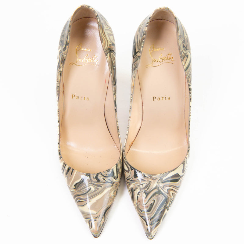 Christian Louboutin Grey Patent Marble Swirl Pigalle Follies 100 Pumps 38