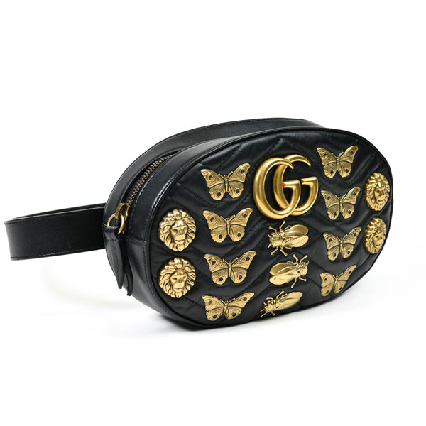 Calfskin Black Matelasse Animal Studs GG Marmont Belt Bag