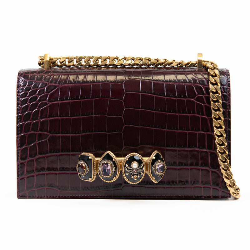 Alexander McQueen Burgundy Embossed Leather Crystal Skull Shoulder Bag