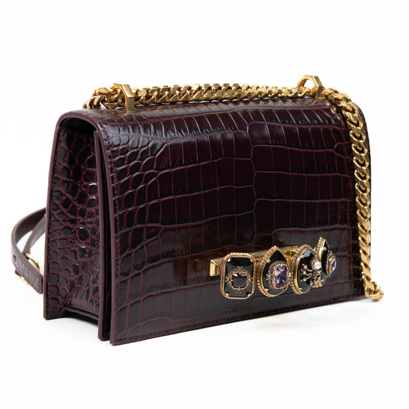 Alexander McQueen Burgundy Embossed Leather Crystal Skull Shoulder Bag