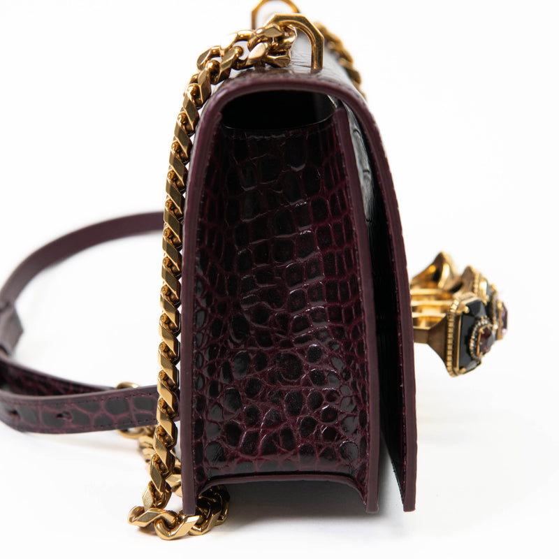 Alexander McQueen Burgundy Embossed Leather Crystal Skull Shoulder Bag