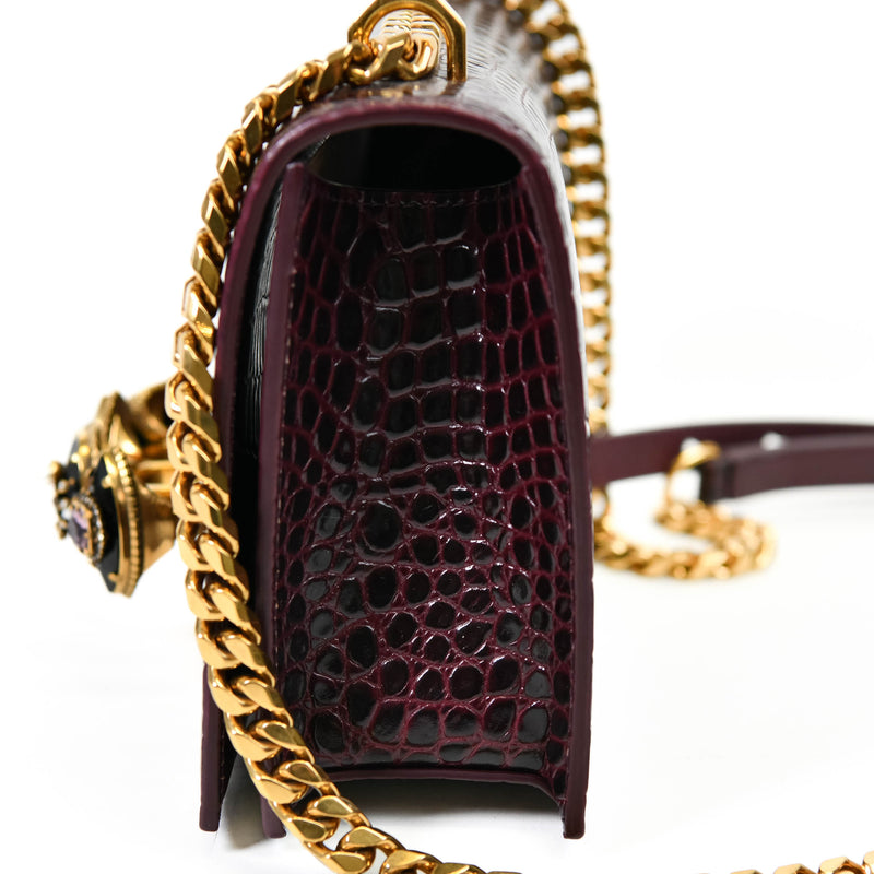 Alexander McQueen Burgundy Embossed Leather Crystal Skull Shoulder Bag