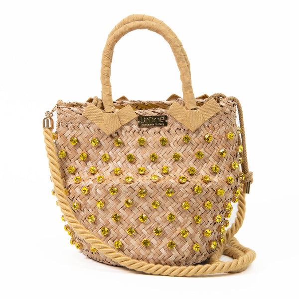 Le Nine Tan and Yellow Straw Crystal Embellished Bucket Bag