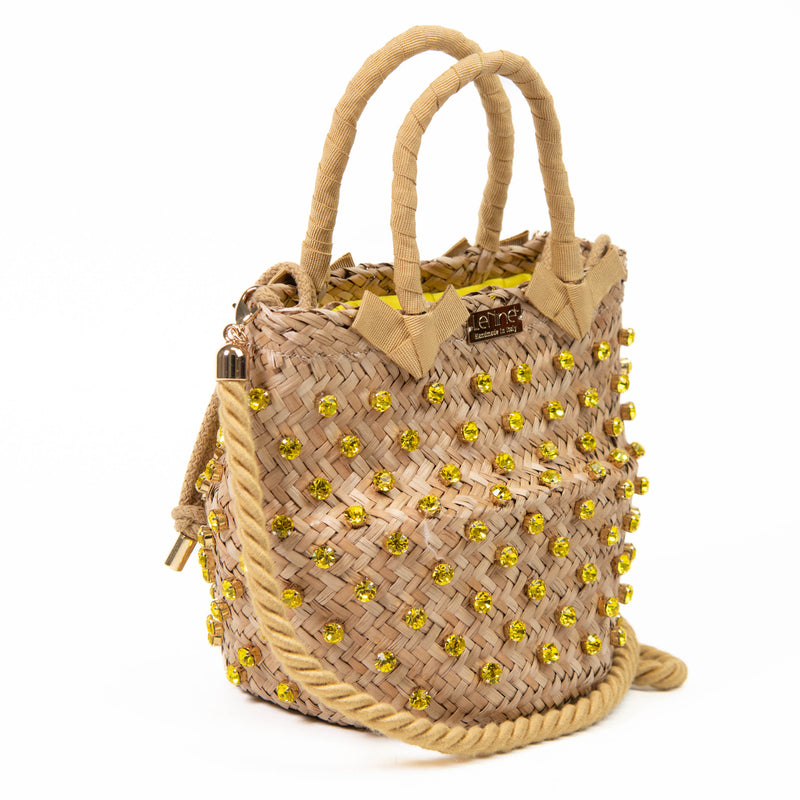 Le Nine Tan and Yellow Straw Crystal Embellished Bucket Bag