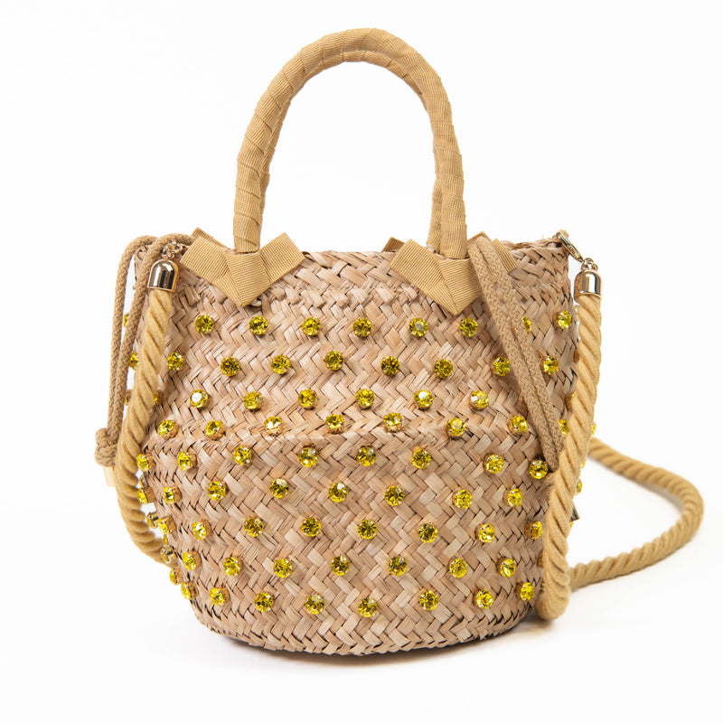 Le Nine Tan and Yellow Straw Crystal Embellished Bucket Bag