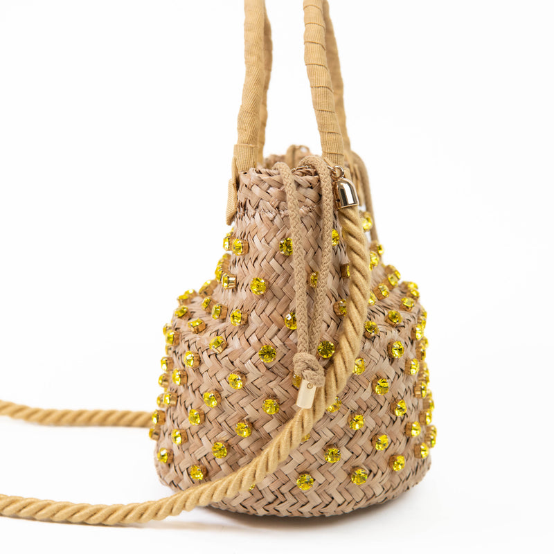 Le Nine Tan and Yellow Straw Crystal Embellished Bucket Bag