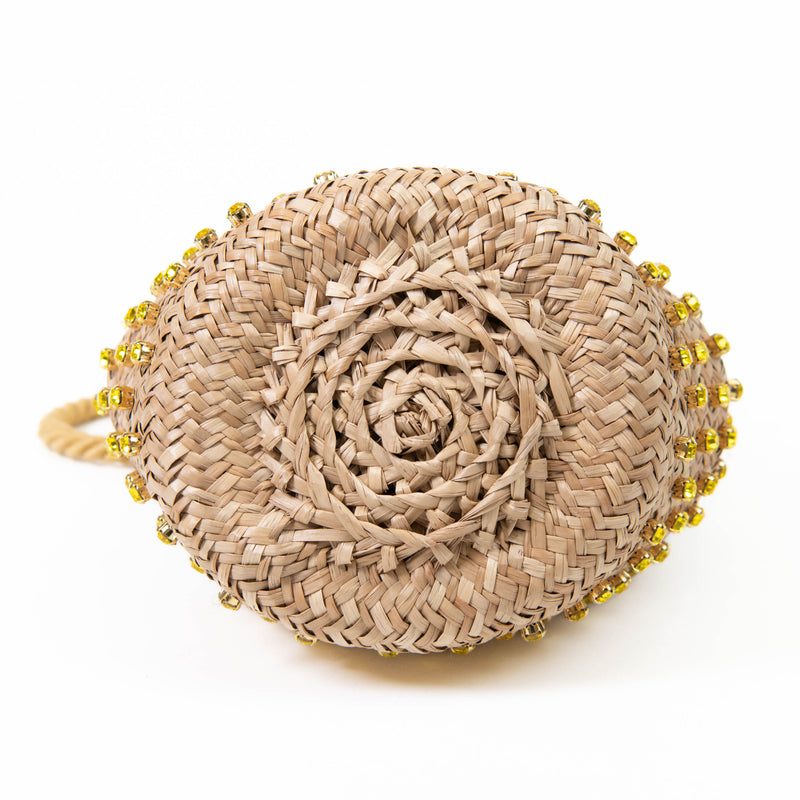 Le Nine Tan and Yellow Straw Crystal Embellished Bucket Bag