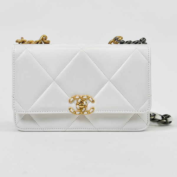 Chanel White Lambskin Quilted Chanel 19 Wallet On Chain