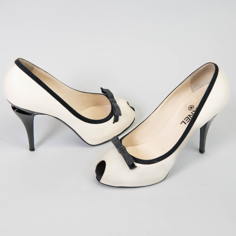 Chanel Ivory & Black Lambskin Peep Toe Pumps  Black Ribbon Trim Size 40