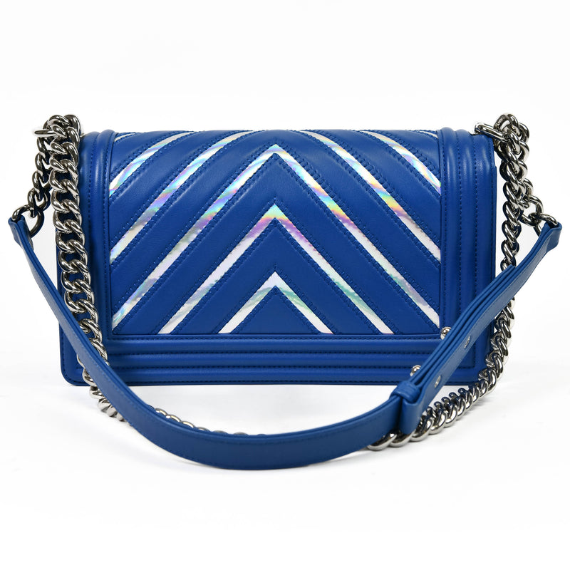 Chanel Blue Silver Lambskin Iridescent PVC Chevron Quilted Medium Boy Flap