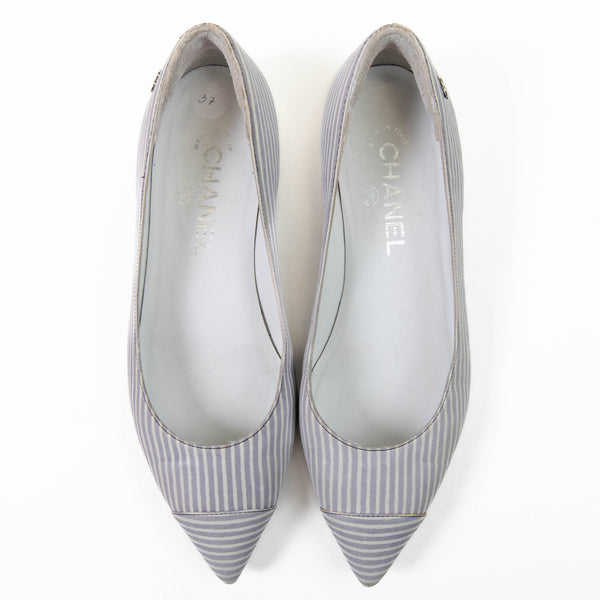 Chanel White/Light Blue Striped Leather Pointed Ballet Flats Size 37