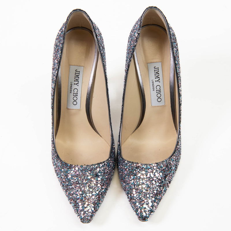 Jimmy Choo Bubblegum Coarse Glitter Romy 100 Pumps Size 39