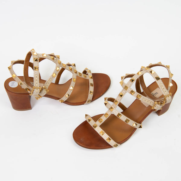 Valentino Garavani Tan Calfskin Rockstud 60mm City Sandals 38.5