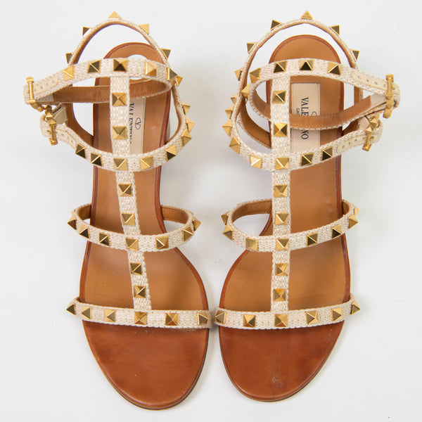 Valentino Garavani Tan Calfskin Rockstud 60mm City Sandals 38.5