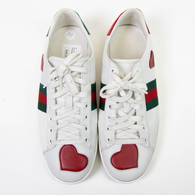 Gucci White Leather Ace Web Heart Detail Lace Up Sneaker Size 39