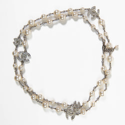 Chanel  Silver Crystal Pearl CC Long Necklace