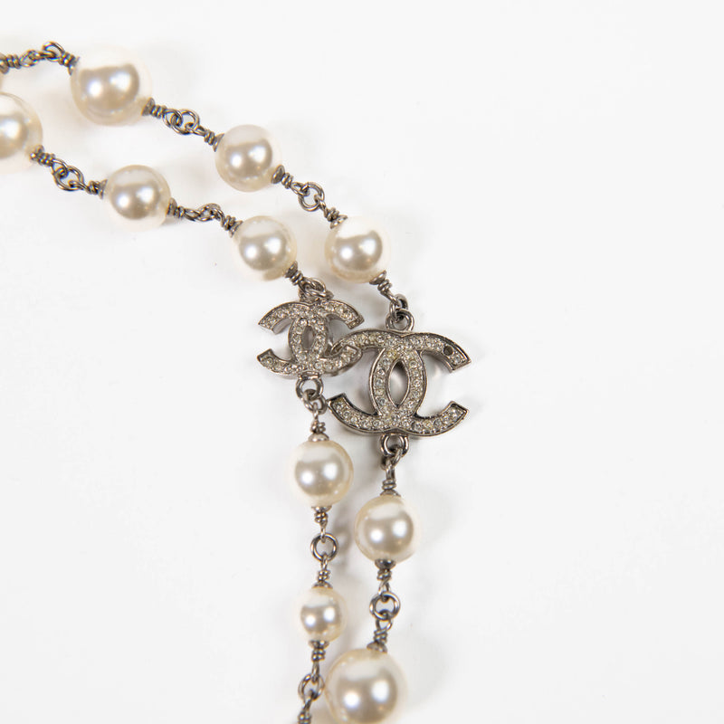 Chanel  Silver Crystal Pearl CC Long Necklace