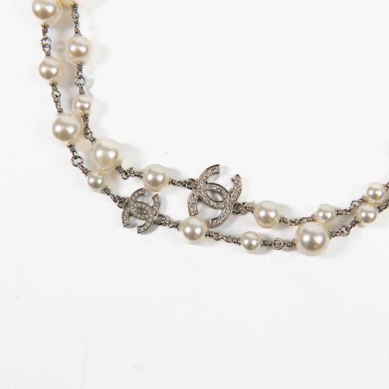 Chanel  Silver Crystal Pearl CC Long Necklace