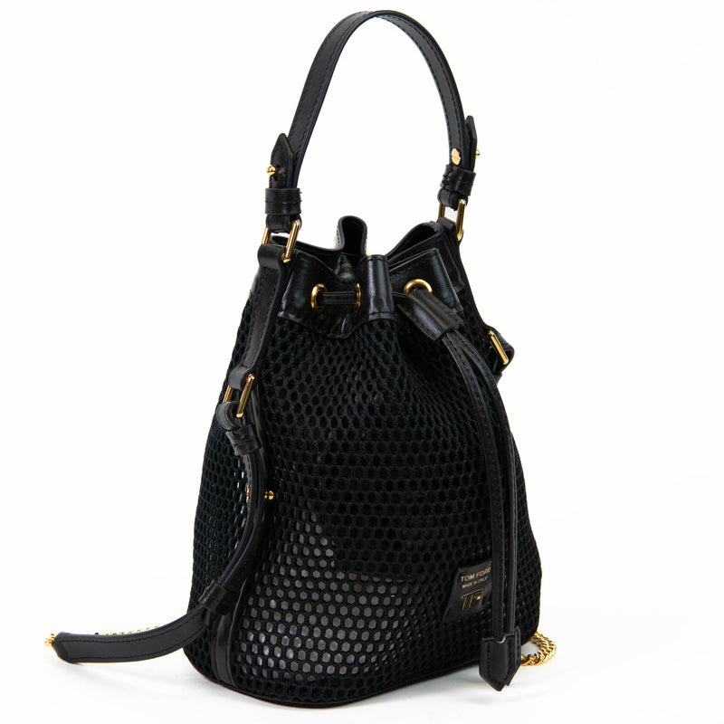 Tom Ford Black Mesh Logo-Patch Disco Bucket Bag