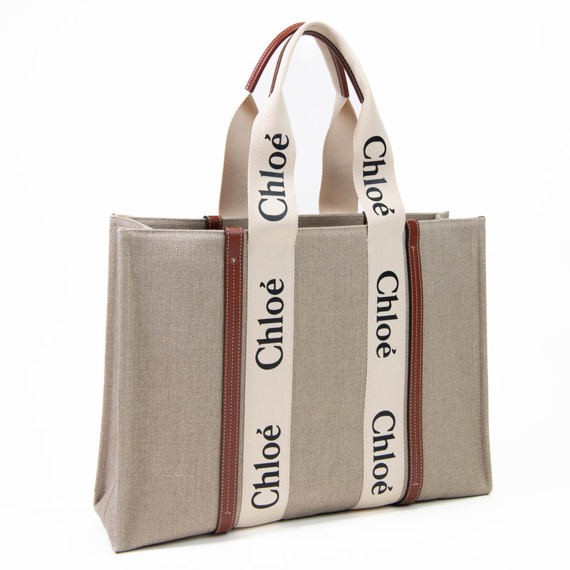 Chloé Beige Canvas Logo Woody Large Tote