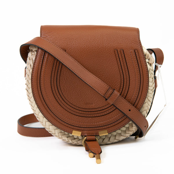 Chloe Raffia Small Tan Grain Calfskin Small Marcie Basket Crossbody