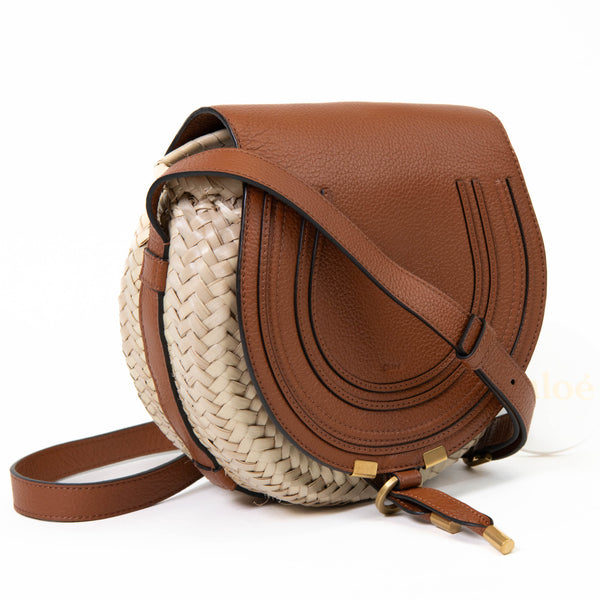 Chloe Raffia Small Tan Grain Calfskin Small Marcie Basket Crossbody