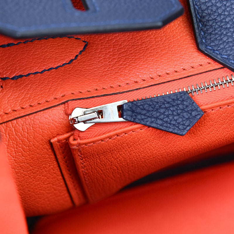 Hermès Birkin 30 Verso Blue Nuit and Orange Poppy Togo Palladium Hardware