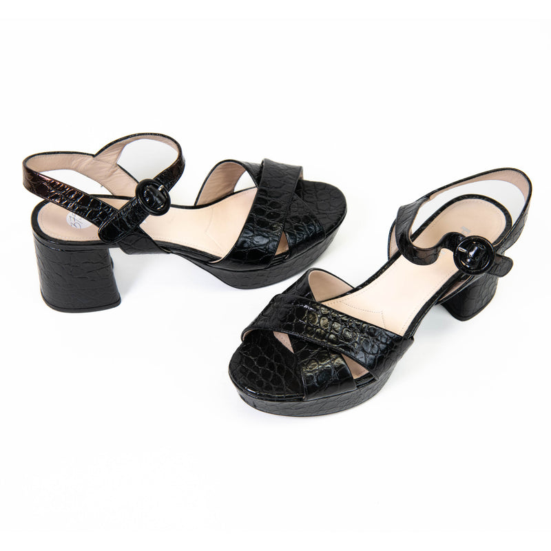 Prada Croc-Embossed Black Leather Platform Sandals 37.5