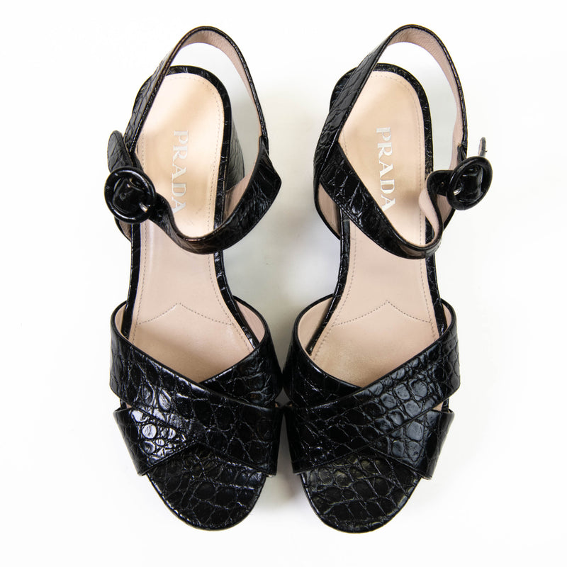 Prada Croc-Embossed Black Leather Platform Sandals 37.5