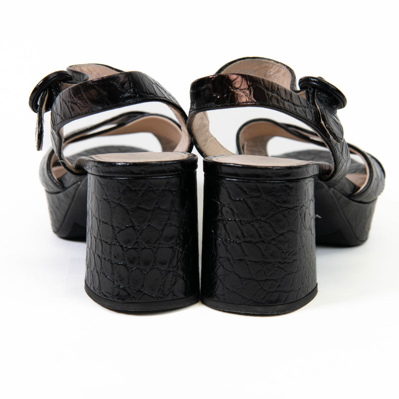 Prada Croc-Embossed Black Leather Platform Sandals 37.5