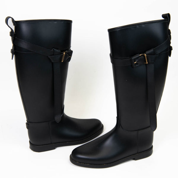 Burberry Black Rubber Belted Roscoe Riding Rain Boots 40