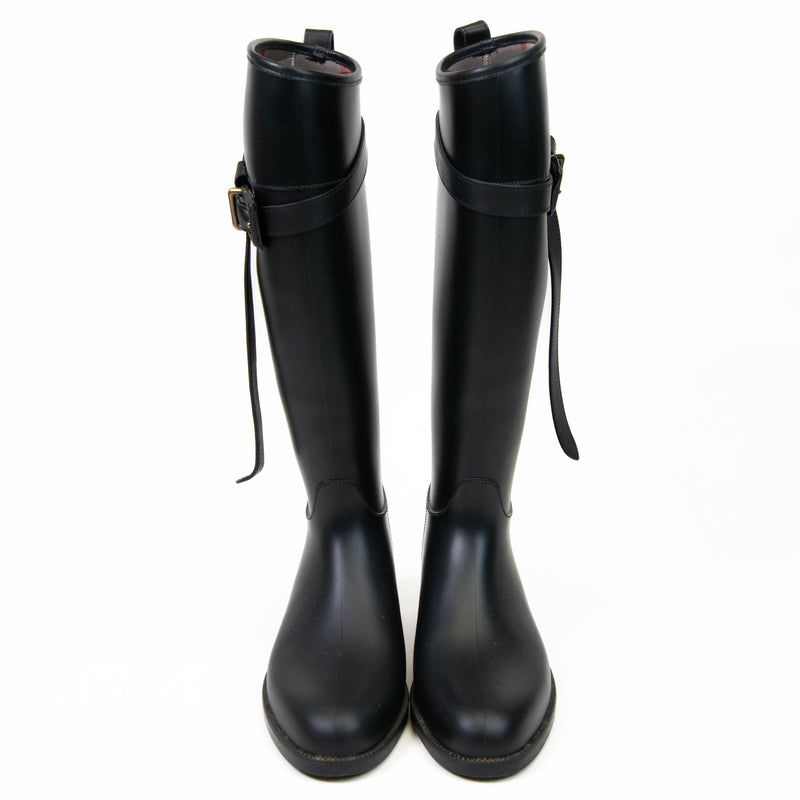 Burberry Black Rubber Belted Roscoe Riding Rain Boots 40