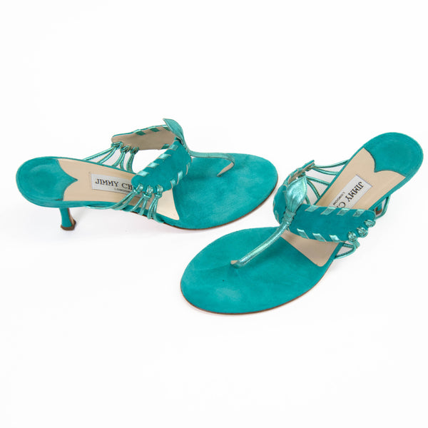 Jimmy Choo Turquoise Blue Suede Heeled Sandals Size 37.5