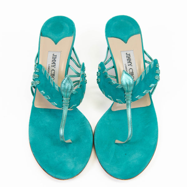 Jimmy Choo Turquoise Blue Suede Heeled Sandals Size 37.5