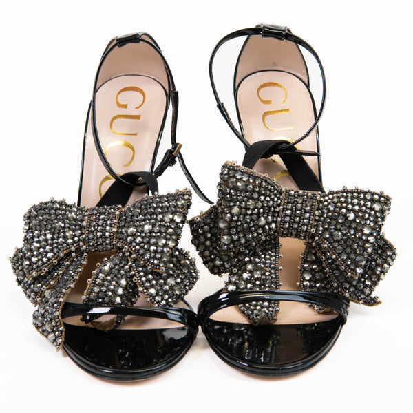 Gucci Black Patent Leather Crystal Removable Bow Sandals Size 39