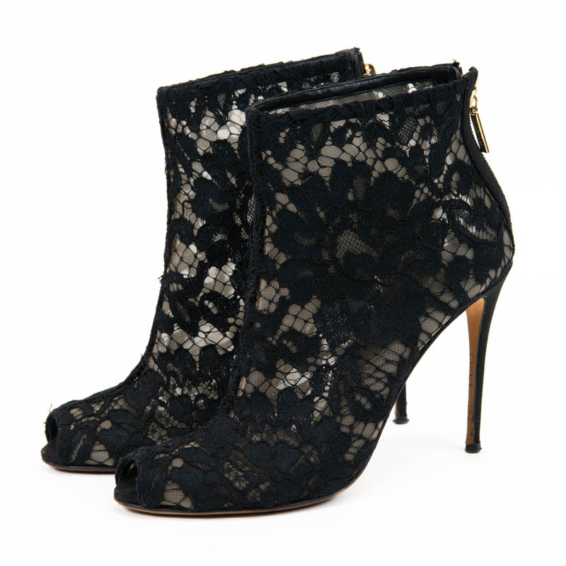 Dolce and Gabbana Black Lace and Mesh Ankle Boots Size 36.5