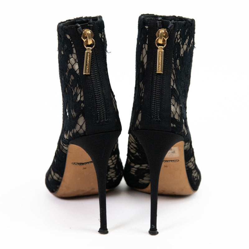 Dolce and Gabbana Black Lace and Mesh Ankle Boots Size 36.5