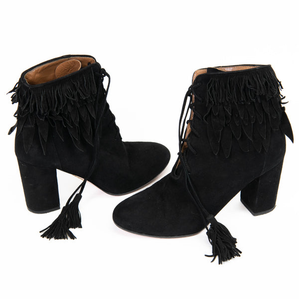 Aquazzura Woodstock Black Suede Fringe Booties Size 37