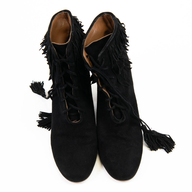 Aquazzura Woodstock Black Suede Fringe Booties Size 37