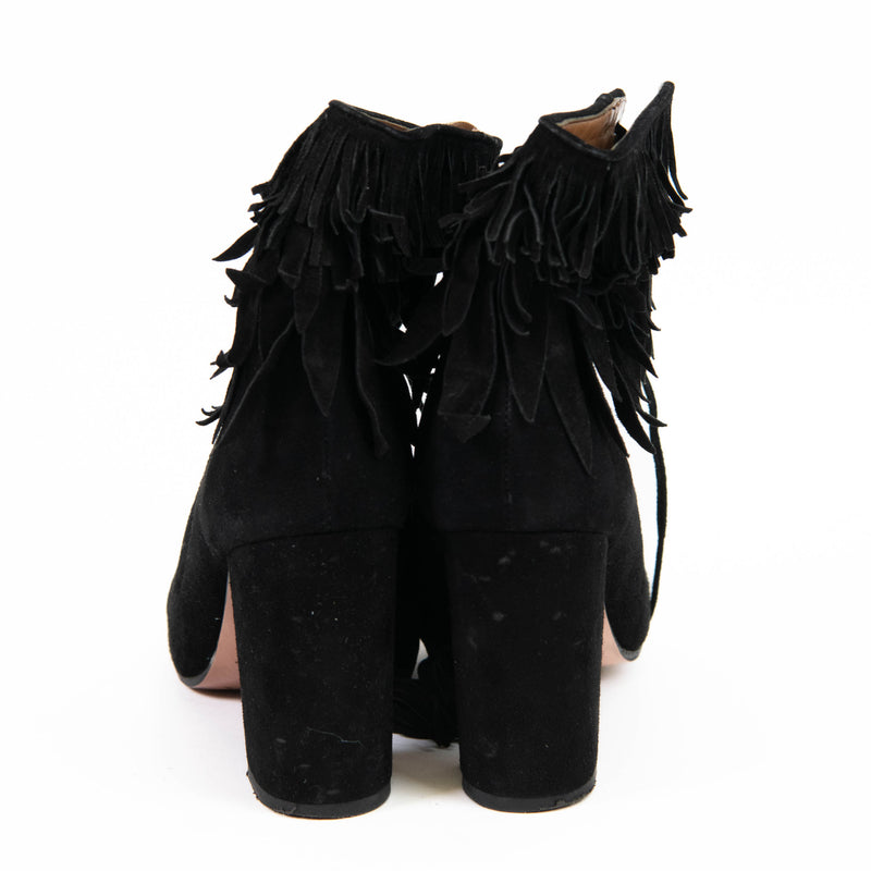 Aquazzura Woodstock Black Suede Fringe Booties Size 37