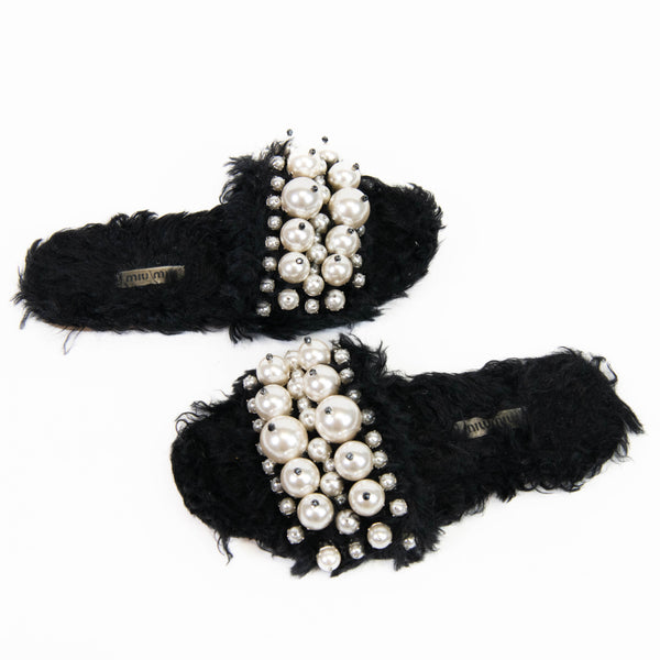 Miu Miu Black Fur Pearl Embellished Flat Slides  36.5