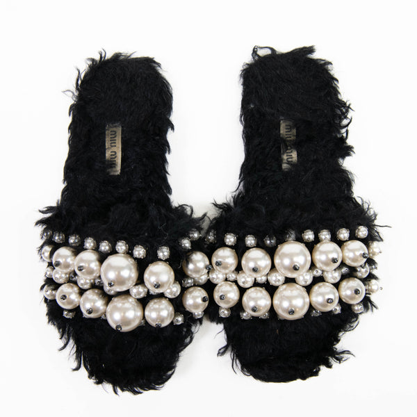 Miu Miu Black Fur Pearl Embellished Flat Slides  36.5