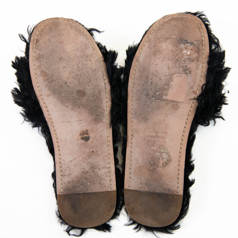 Miu Miu Black Fur Pearl Embellished Flat Slides  36.5